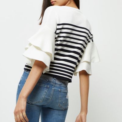 White knit stripe double frill sleeve top